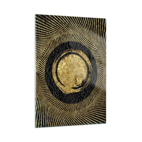 Cuadro sobre vidrio - Impresiones sobre Vidrio - Círculo dorado con rayos sobre fondo negro en un estilo glamoroso. - 50x70cm - Composición glamour - Decoración de pared moderna para salón y dormitorio ARTTOR