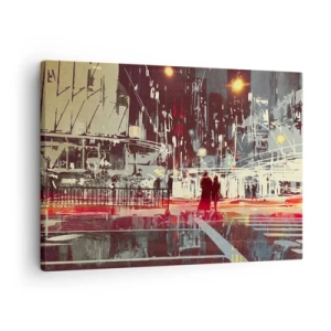 Cuadro sobre lienzo - Impresión de Imagen - Ciudad de noche con luces de neón y siluetas de personas en la calle. - 70x50cm - Una travesía metropolitana - Decoración de pared moderna para salón y dormitorio ARTTOR