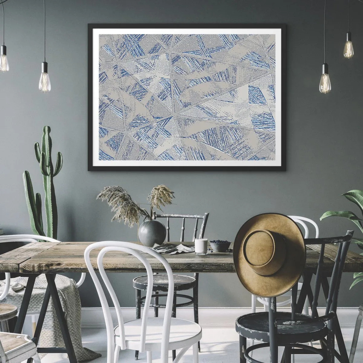Póster en marco negro - Patrones geométricos en tonos azules y grises. - 100x70cm - En un laberinto gris azulado - Decoración de pared moderna para salón y dormitorio ARTTOR