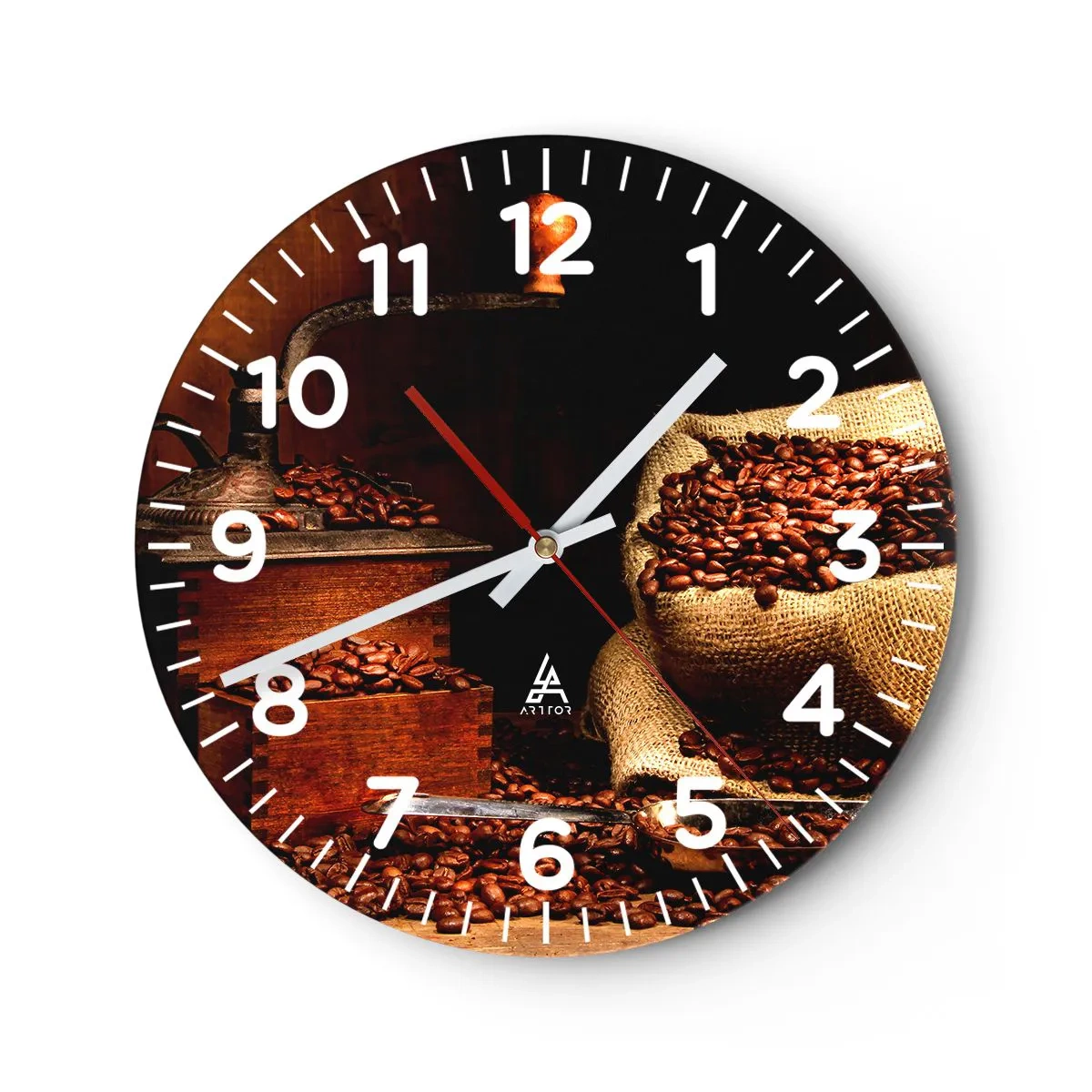 Reloj de pared - Reloj de vidrio - Bodegón con granos de café y molinillo - 30x30 cm