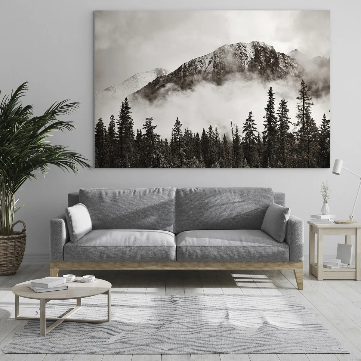 Cuadro sobre vidrio - Impresiones sobre Vidrio - Paisaje de montaña con bosque y niebla en tonos sepia - 70x50cm - Gobernante de granito - Decoración de pared moderna para salón y dormitorio ARTTOR