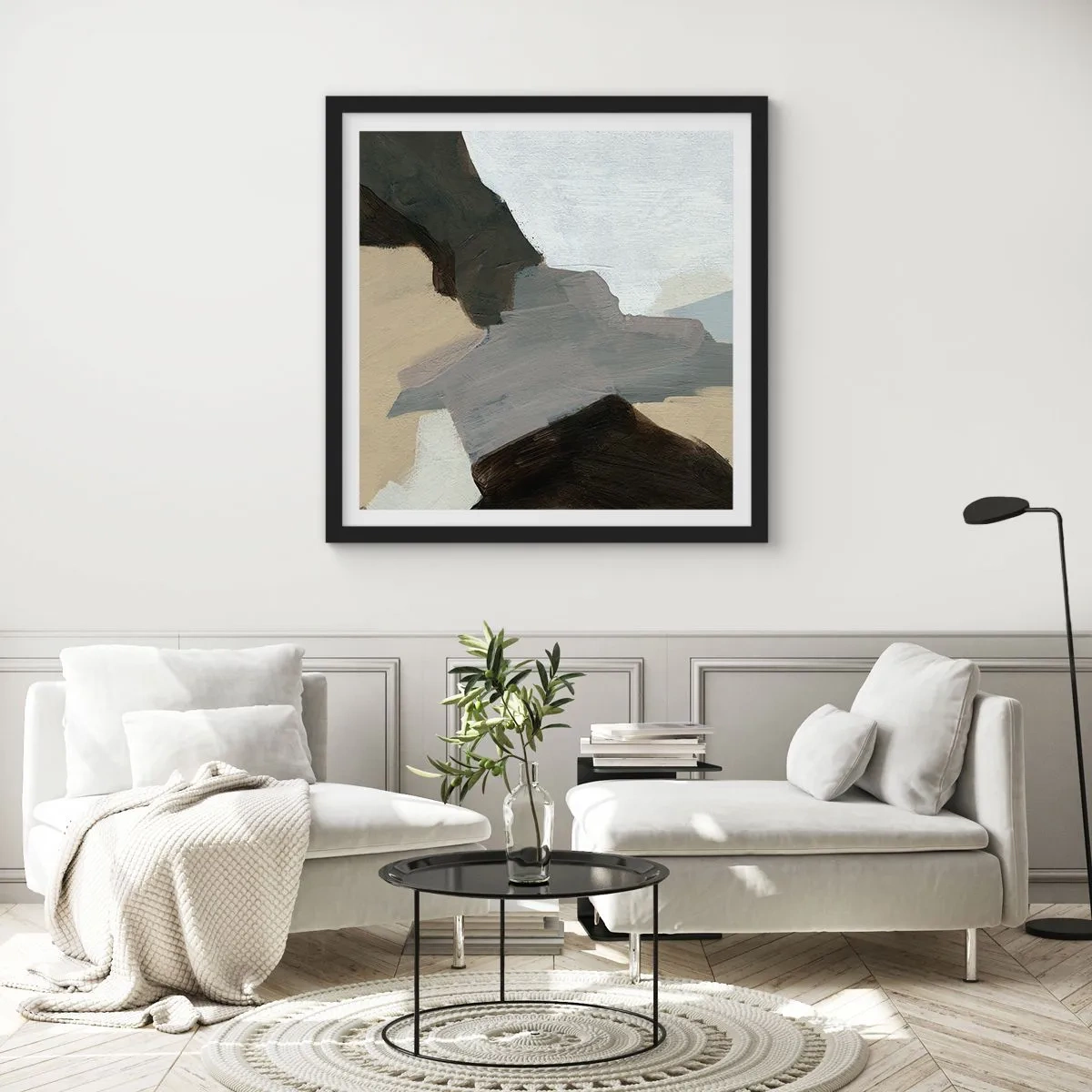 Póster en marco negro - Abstracción: partes del gris - 30x30 cm