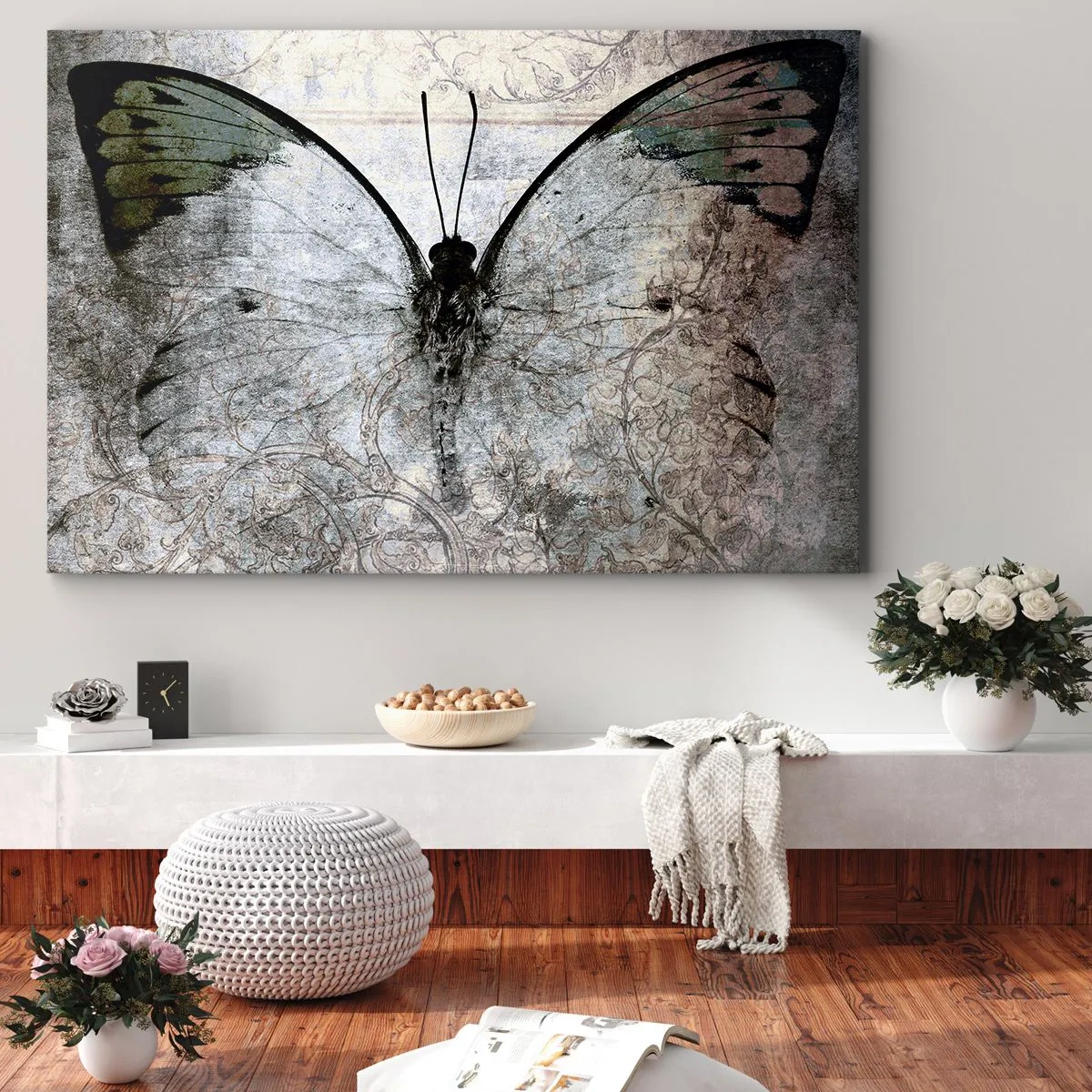 Cuadro sobre lienzo - Impresión de Imagen - Una mariposa en tonos verdes y grises sobre un fondo decorativo. - 100x70cm - En el estilo Art Nouveau - Decoración de pared moderna para salón y dormitorio ARTTOR