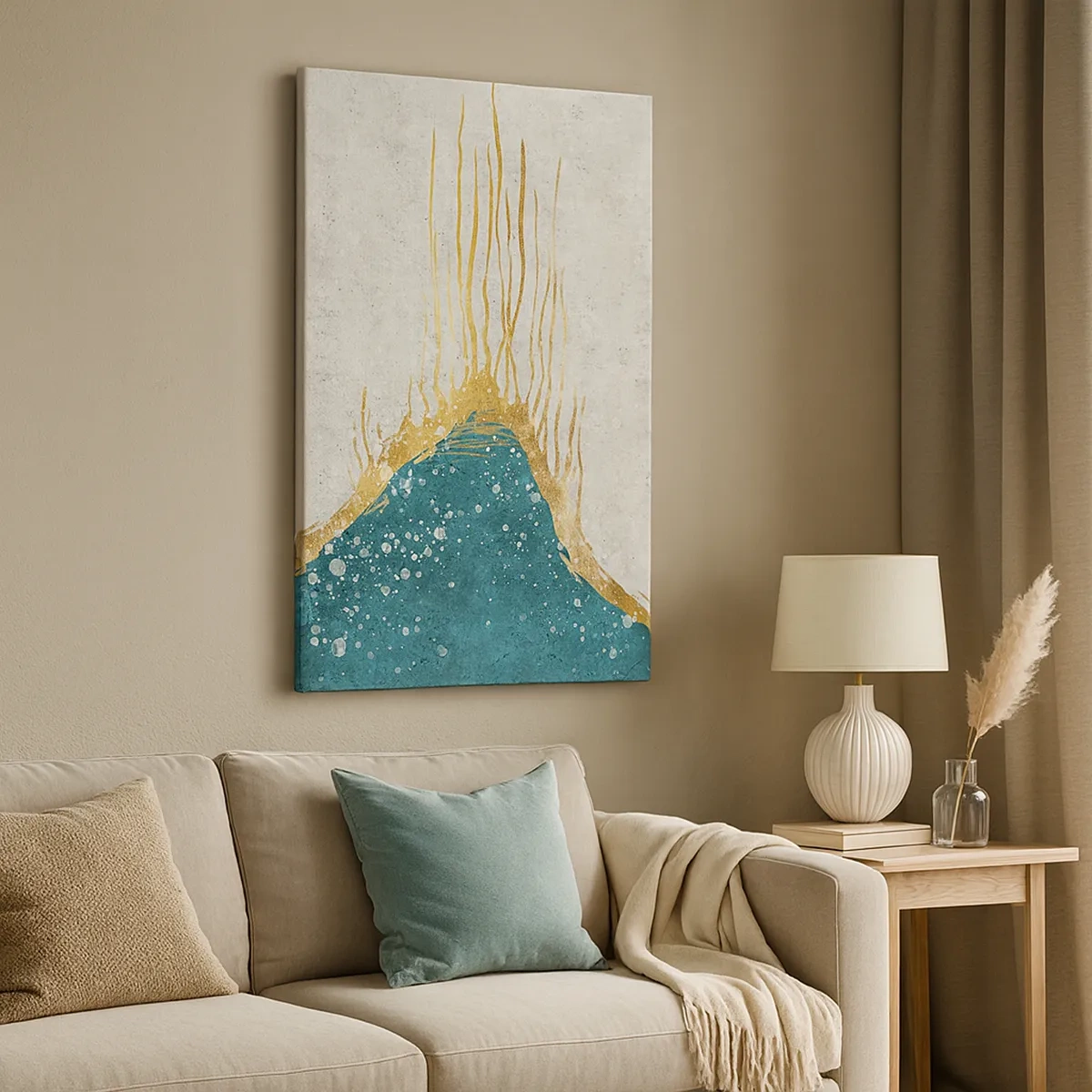 Cuadro sobre lienzo - Impresión de Imagen - Una composición abstracta en tonos dorados y turquesas. - 50x70cm - Marea dorada - Decoración de pared moderna para salón y dormitorio ARTTOR