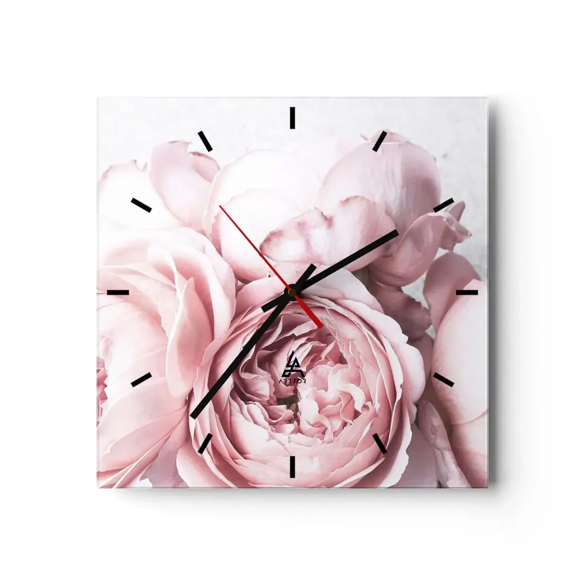 Reloj de pared - Reloj de vidrio - Peonías rosas en una luz suave sobre un fondo claro. - 30x30cm - Para los románticos - Decoración de pared moderna para salón y dormitorio ARTTOR