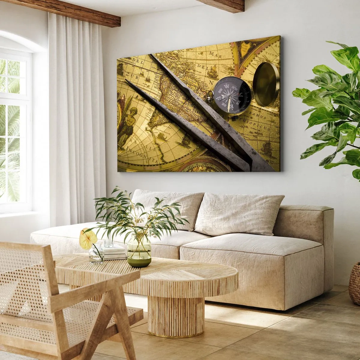 Cuadro sobre lienzo - Impresión de Imagen - Un mapa del mundo antiguo con una brújula y un par de brújulas en el fondo. - 100x70cm - ¿Dónde están los tesoros? - Decoración de pared moderna para salón y dormitorio ARTTOR
