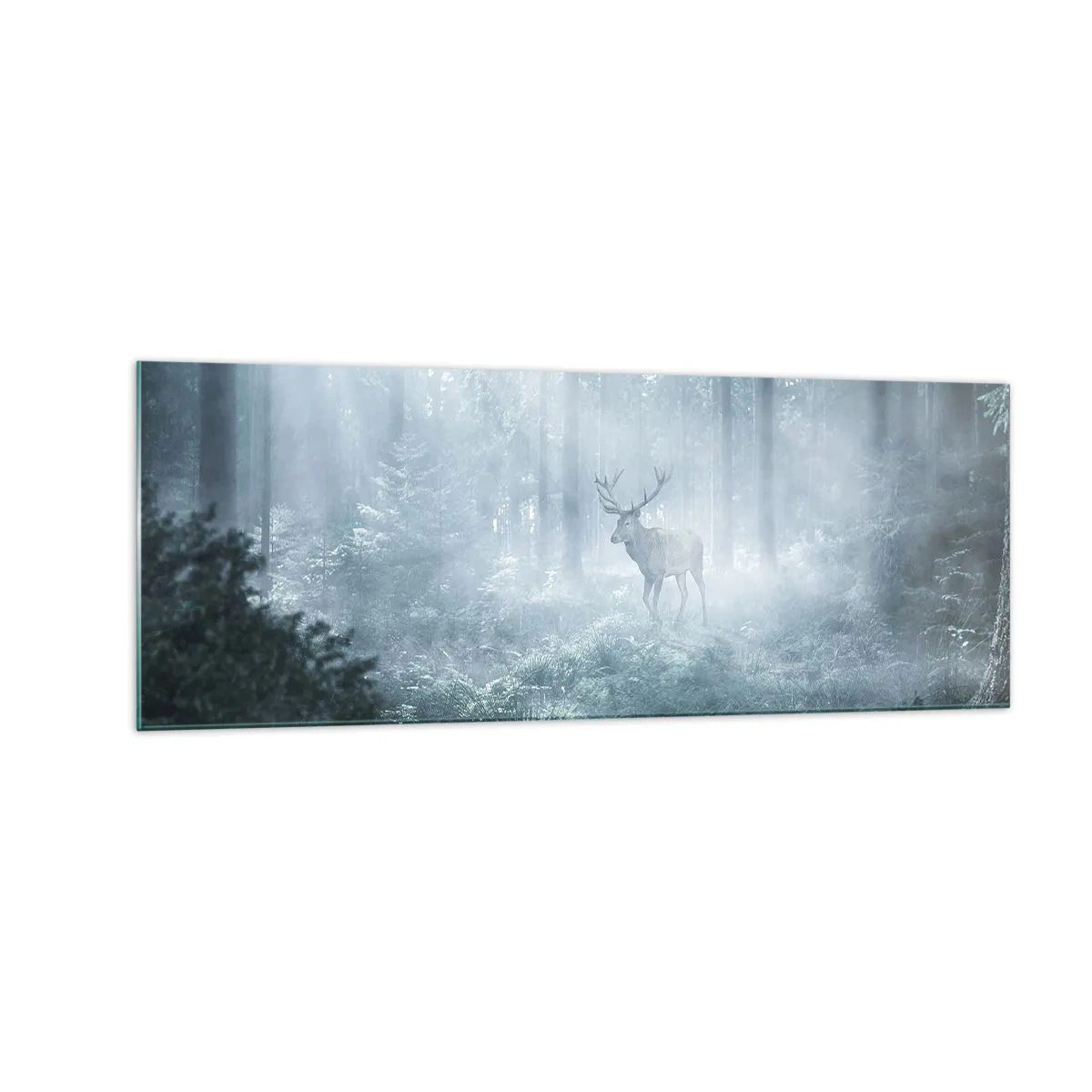 Cuadro sobre vidrio - Impresiones sobre Vidrio - Un ciervo en un bosque denso envuelto en la niebla matutina. - 140x50cm - Ronda matutina por la finca - Decoración de pared moderna para salón y dormitorio ARTTOR
