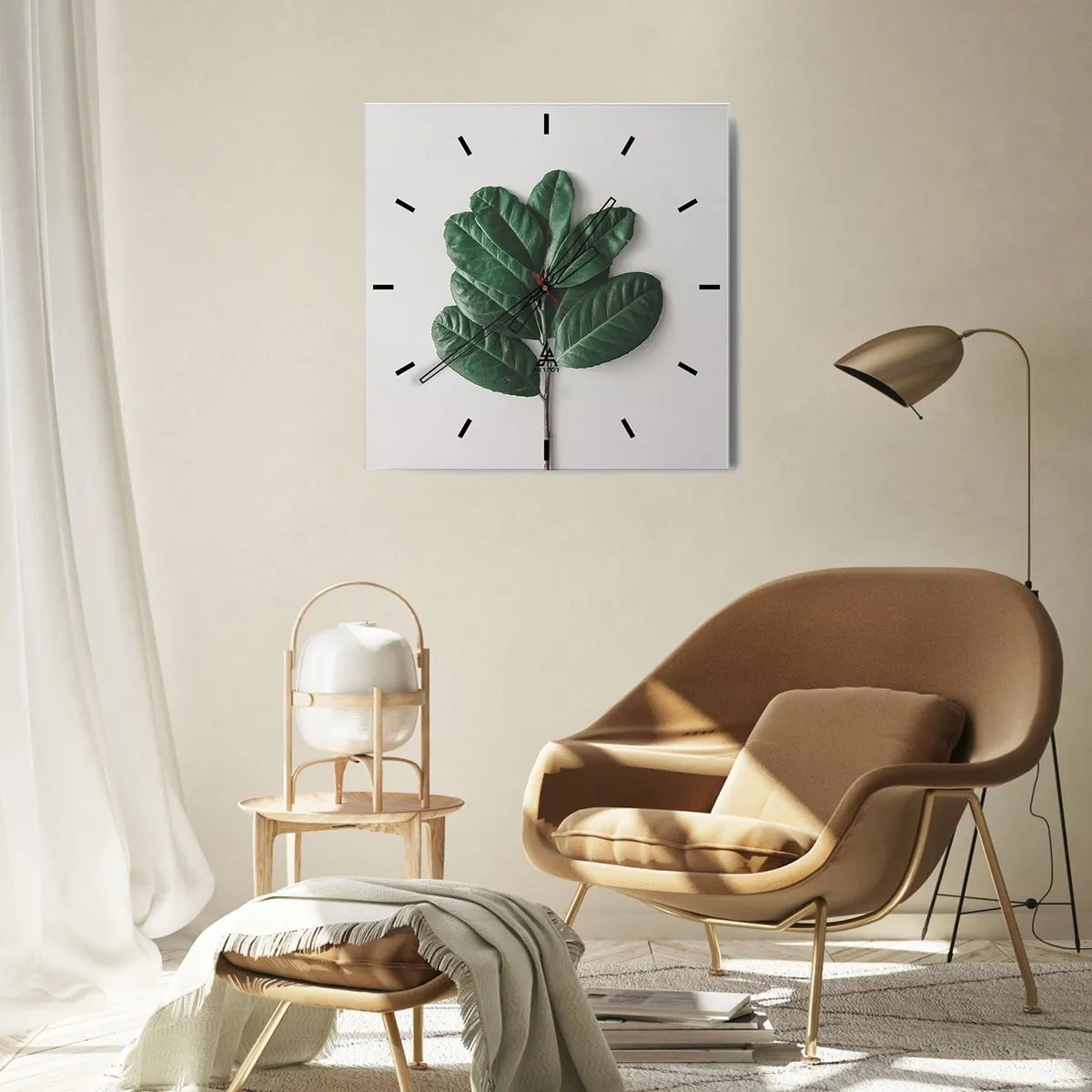 Reloj de pared - Reloj de vidrio - Una ramita de hojas verdes sobre un fondo claro. - 30x30cm - El dibujo de la propia naturaleza - Decoración de pared moderna para salón y dormitorio ARTTOR