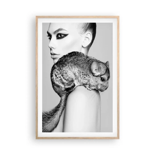 Póster en marco roble claro - Dama con chinchilla - 61x91 cm
