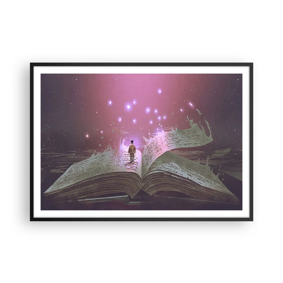 Póster en marco negro - Una figura pisa un libro abierto bajo una luz mágica. - 100x70cm - Una invitación a otro mundo - Decoración de pared moderna para salón y dormitorio ARTTOR