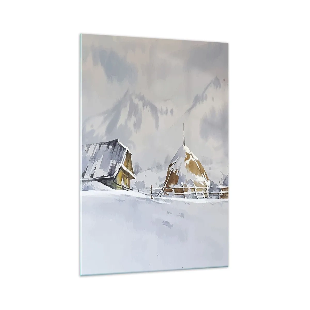 Cuadro sobre vidrio - Impresiones sobre Vidrio - Paisaje invernal con una cabaña y pajares en las montañas - 70x100cm - En un valle nevado - Decoración de pared moderna para salón y dormitorio ARTTOR