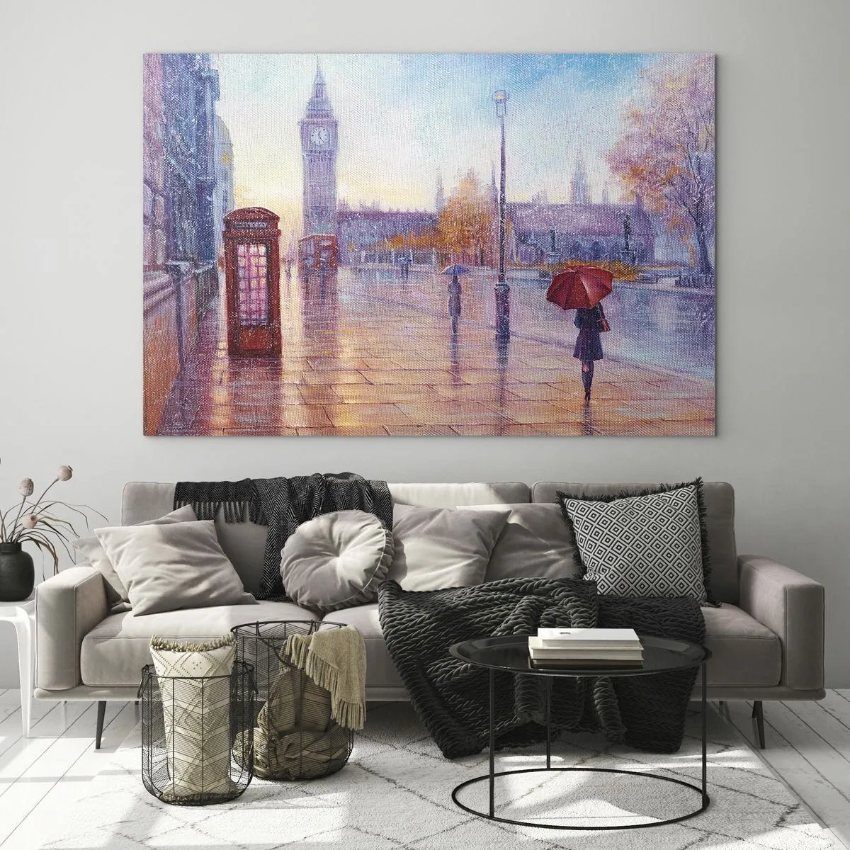 Cuadro sobre vidrio - Impresiones sobre Vidrio - Escena londinense bajo la lluvia con el Big Ben y la caja roja - 100x70cm - Un día de otoño en Londres - Decoración de pared moderna para salón y dormitorio ARTTOR