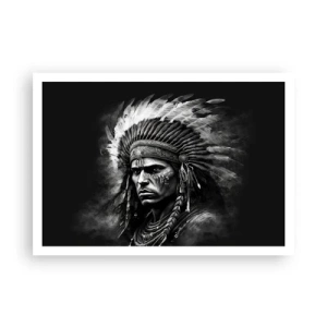 Póster - Retrato de un jefe con un tocado de plumas sobre un fondo negro - 100x70cm - Líder y guerrero - Decoración de pared moderna para salón y dormitorio ARTTOR