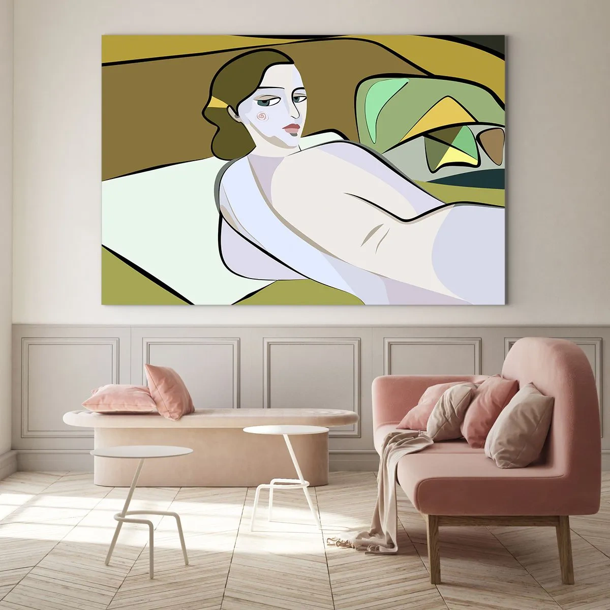 Cuadro sobre vidrio - Impresiones sobre Vidrio - Silueta femenina en estilo abstracto con fondo geométrico. - 70x50cm - Retrato íntimo - Decoración de pared moderna para salón y dormitorio ARTTOR