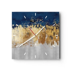 Reloj de pared - Reloj de vidrio - Una composición abstracta en tonos dorados y azul marino. - 30x30cm - Composición moderna con chispas - Decoración de pared moderna para salón y dormitorio ARTTOR