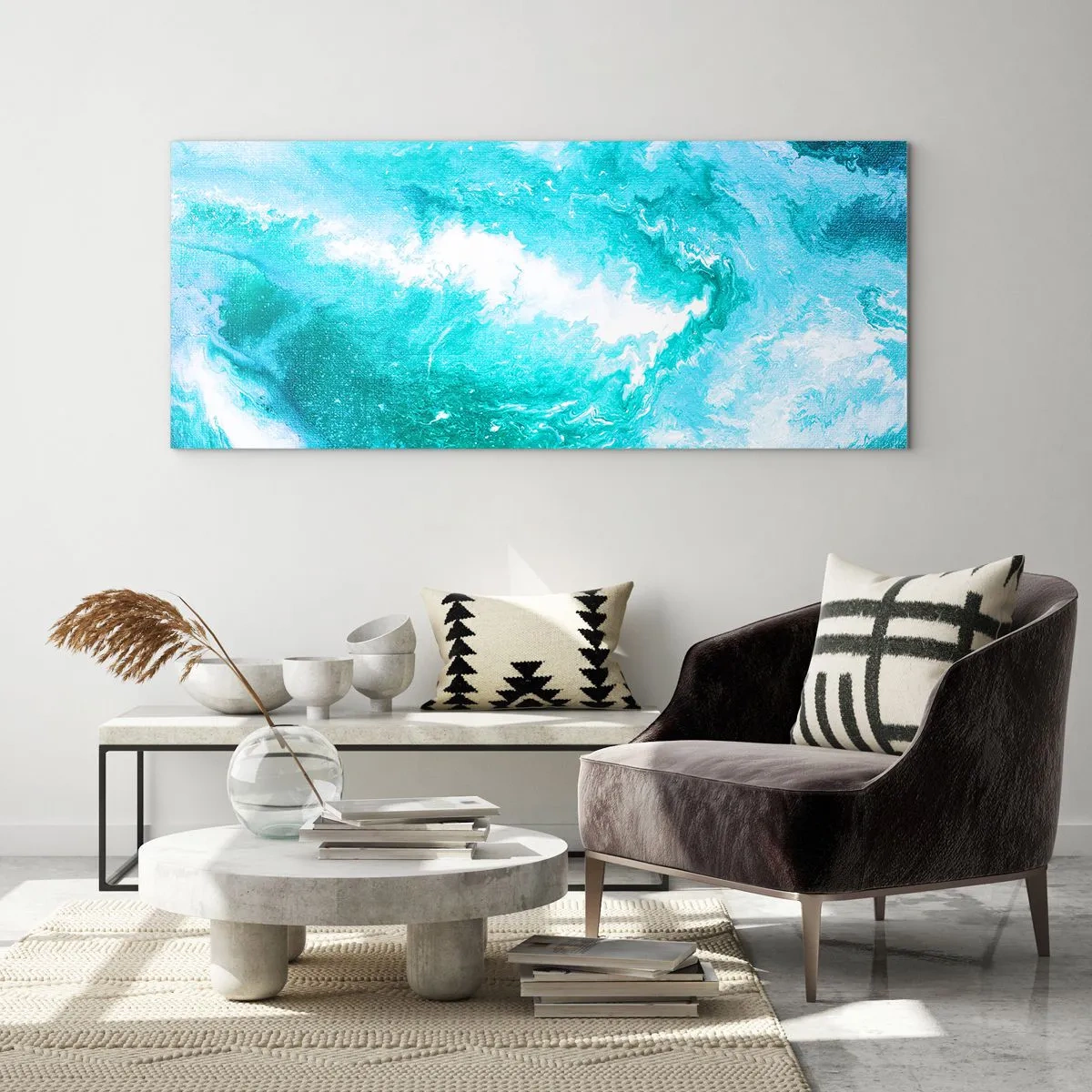 Cuadro sobre vidrio - Impresiones sobre Vidrio - Remolino abstracto en tonos azules - 140x50cm - En el núcleo del elemento - Decoración de pared moderna para salón y dormitorio ARTTOR