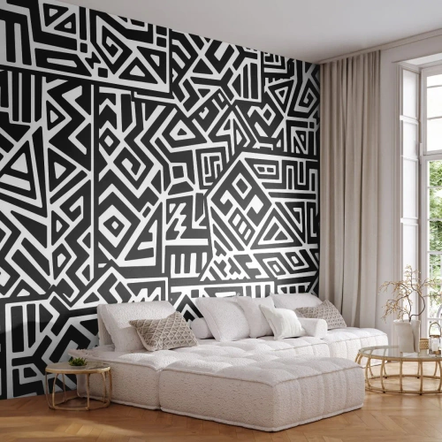 Fotomural Premium Sand - Patrón en blanco y negro inspirado en motivos tribales. - 100x70cm - Composición precolombina - Decoración de pared moderna para salón y dormitorio ARTTOR