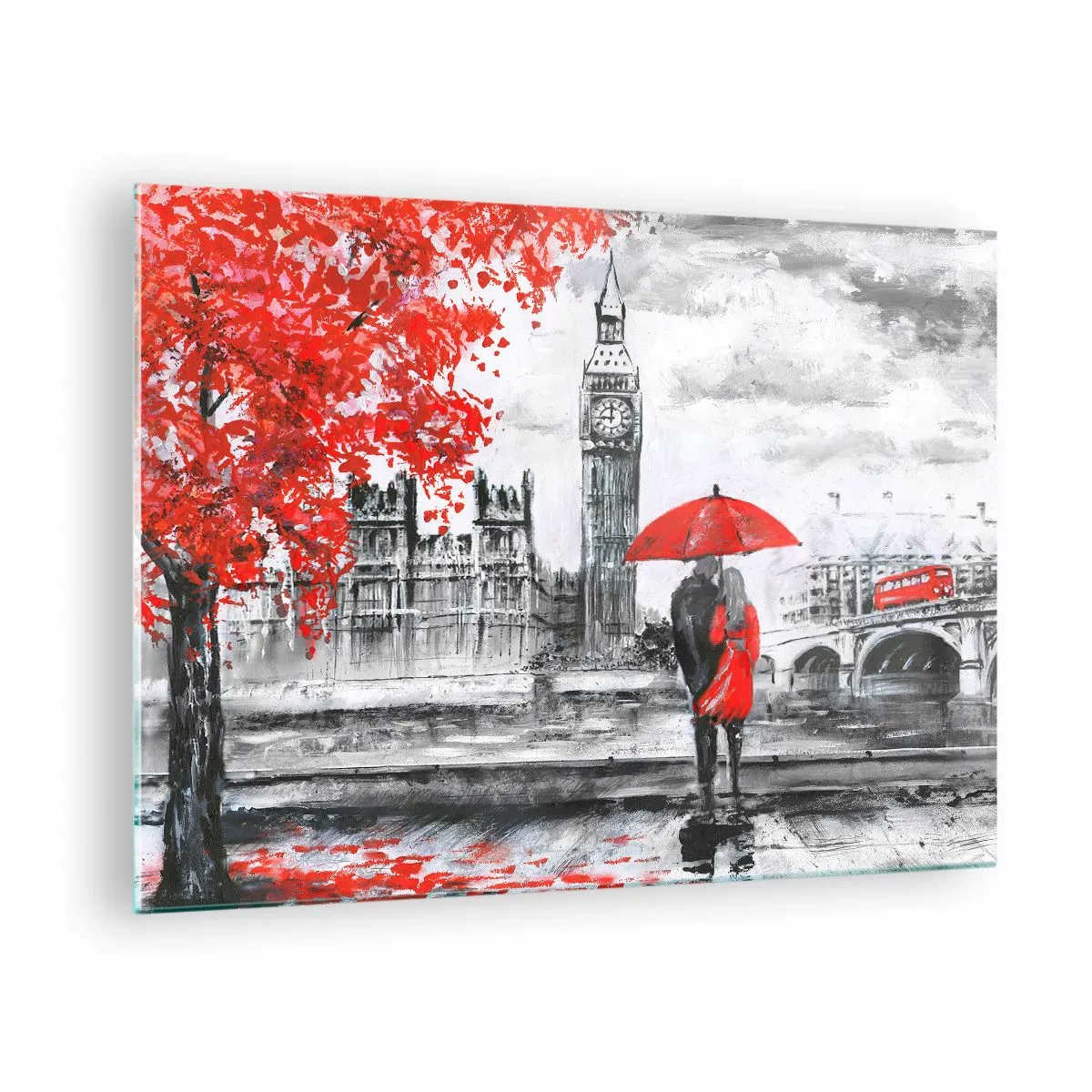 Cuadro sobre vidrio - Impresiones sobre Vidrio - Una pareja bajo un paraguas rojo con el Big Ben y árboles otoñales al fondo. - 70x50cm - Londres enamora - Decoración de pared moderna para salón y dormitorio ARTTOR