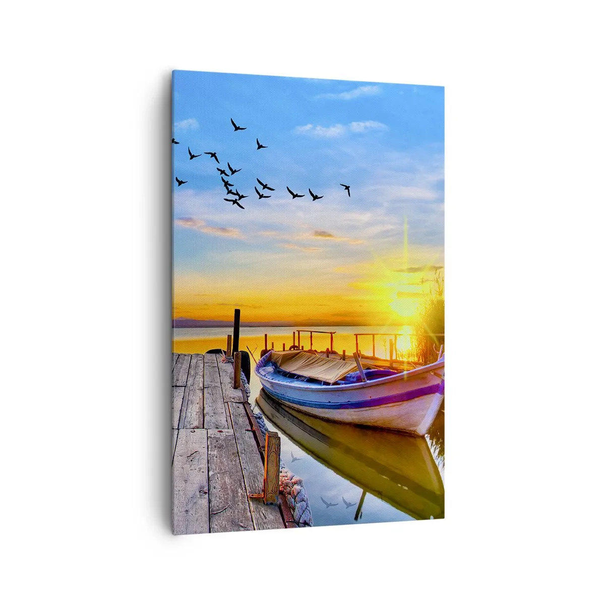 Cuadro sobre lienzo - Impresión de Imagen - Un barco en un muelle de madera al atardecer. - 80x120cm - Adiós, hasta mañana - Decoración de pared moderna para salón y dormitorio ARTTOR