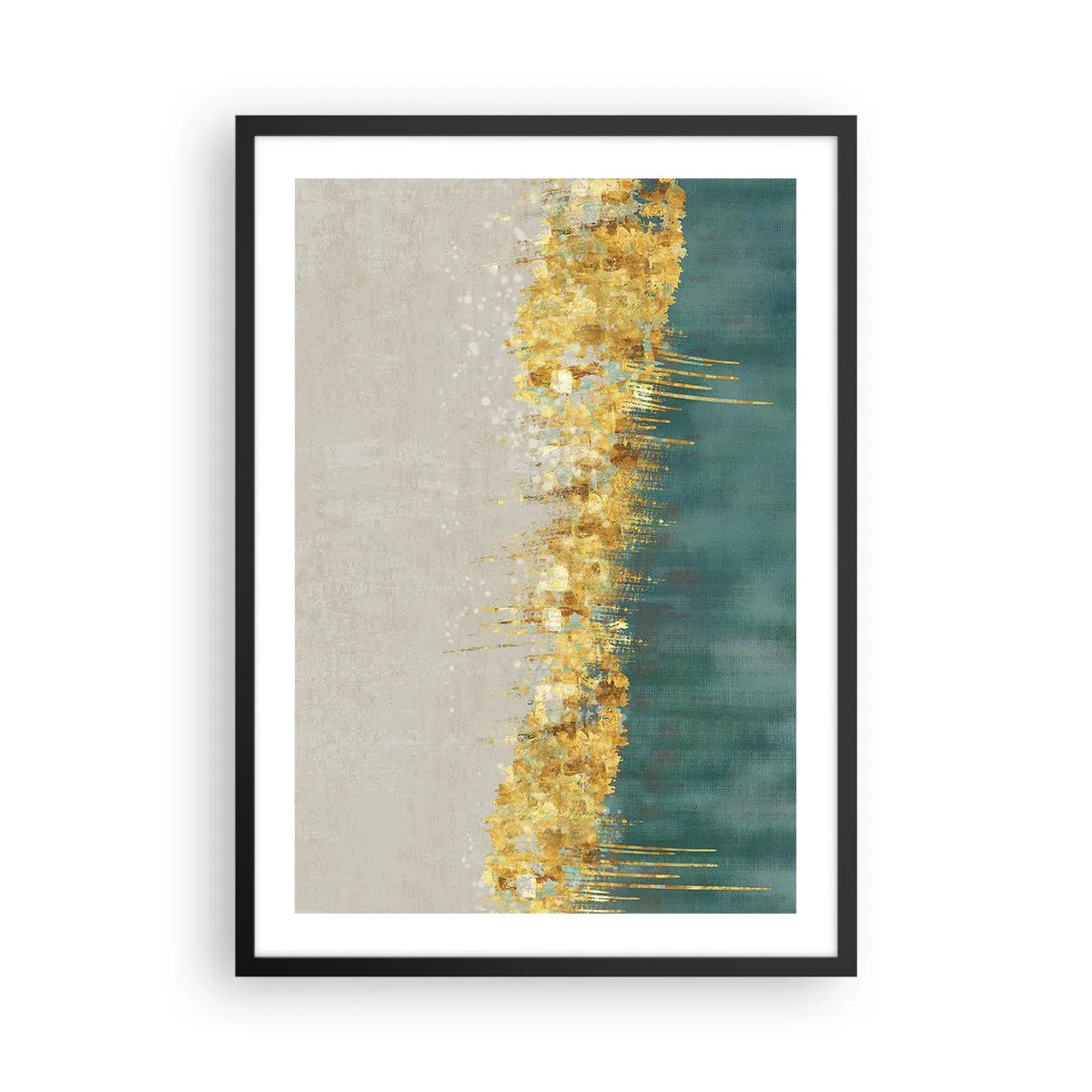 Póster en marco negro - Una composición abstracta de oro, beige y verde. - 50x70cm - La frontera dorada - Decoración de pared moderna para salón y dormitorio ARTTOR