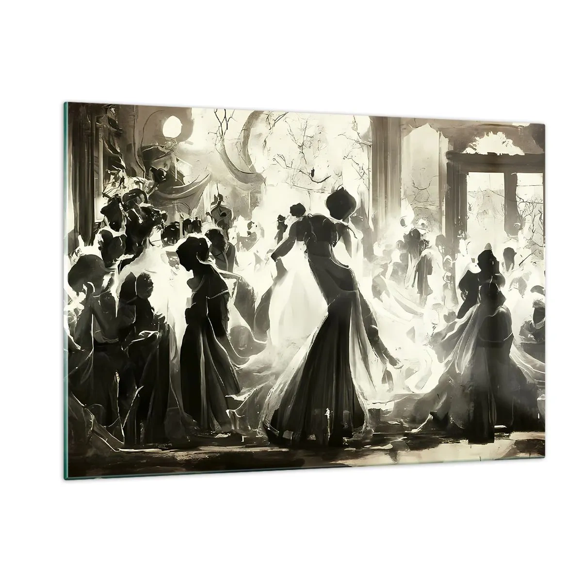 Cuadro sobre vidrio - Impresiones sobre Vidrio - Una escena de salón de baile de estilo retro con figuras bailando. - 120x80cm - Gran mascarada - Decoración de pared moderna para salón y dormitorio ARTTOR
