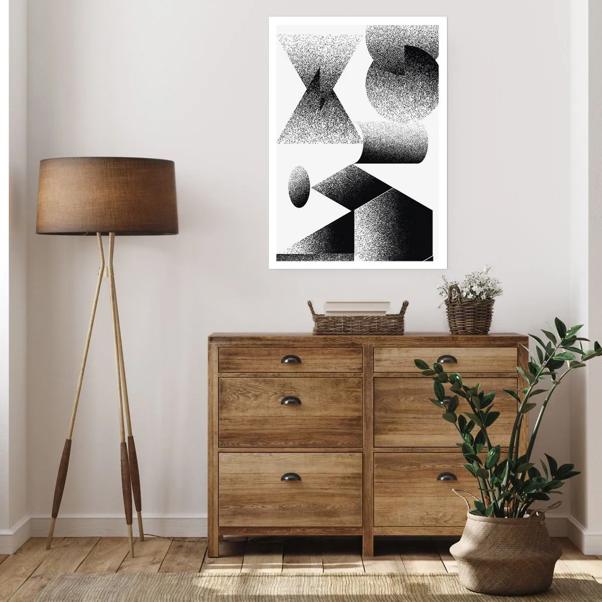 Póster - Composición abstracta de formas geométricas en blanco y negro. - 50x70cm - Ángulos y óvalos - Decoración de pared moderna para salón y dormitorio ARTTOR
