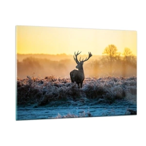 Cuadro sobre vidrio - Impresiones sobre Vidrio - Ciervos en una mañana helada con el amanecer de fondo - 120x80cm - Coronado en sus propios dominios - Decoración de pared moderna para salón y dormitorio ARTTOR