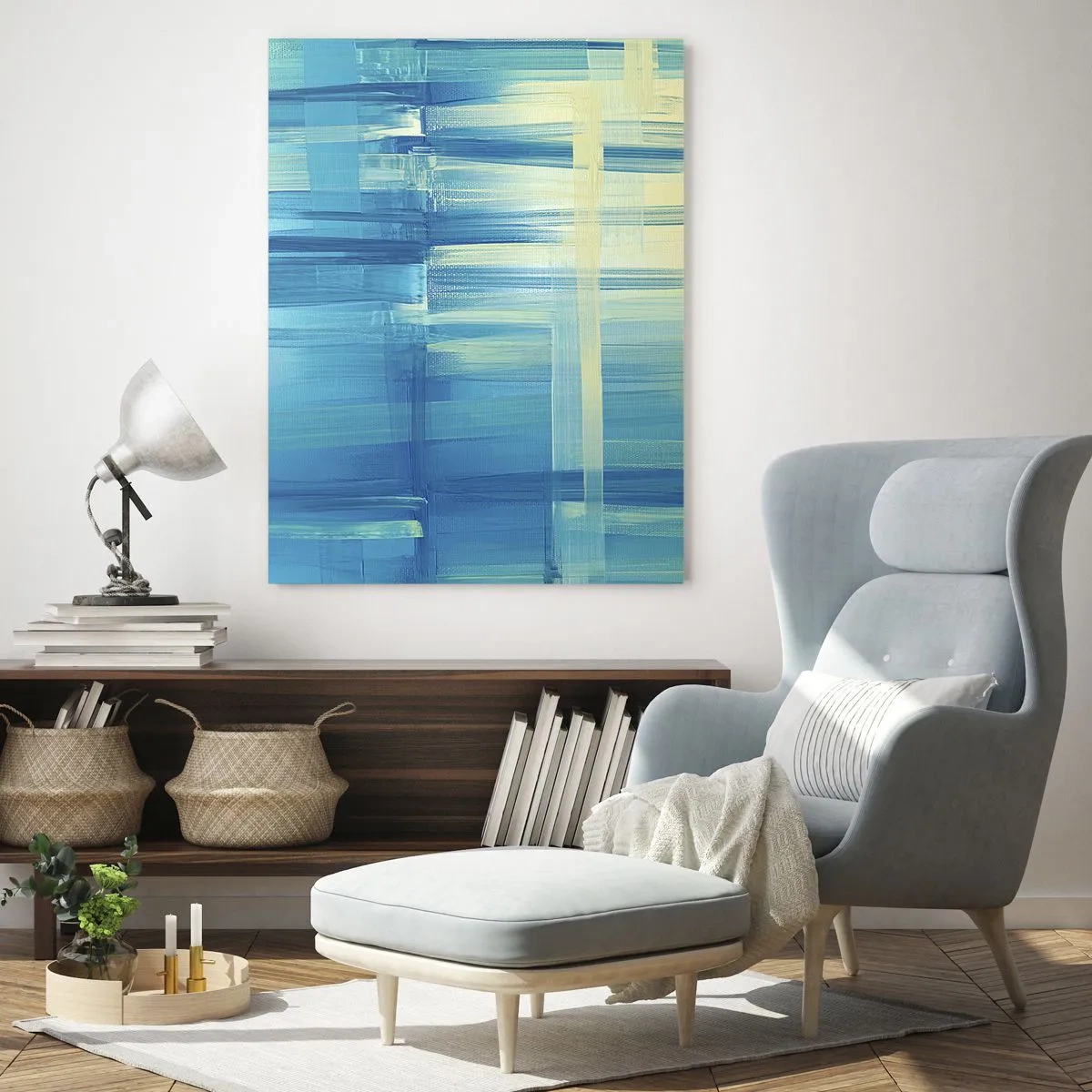 Cuadro sobre vidrio - Impresiones sobre Vidrio - Un cuadro abstracto en tonos turquesa y azul con pinceladas geométricas. - 70x100cm - Composición en turquesa - Decoración de pared moderna para salón y dormitorio ARTTOR