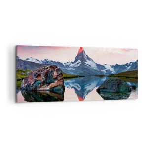 Cuadro sobre lienzo - Impresión de Imagen - Un pico de montaña reflejado en un lago al atardecer. - 120x50cm - El corazón de las montañas arde - Decoración de pared moderna para salón y dormitorio ARTTOR