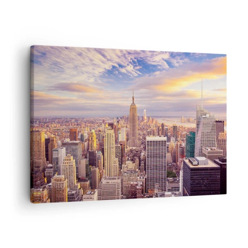 Cuadro sobre lienzo - Impresión de Imagen - Panorama de una ciudad moderna con rascacielos al atardecer - 70x50cm - Alcanzar las nubes - Decoración de pared moderna para salón y dormitorio ARTTOR