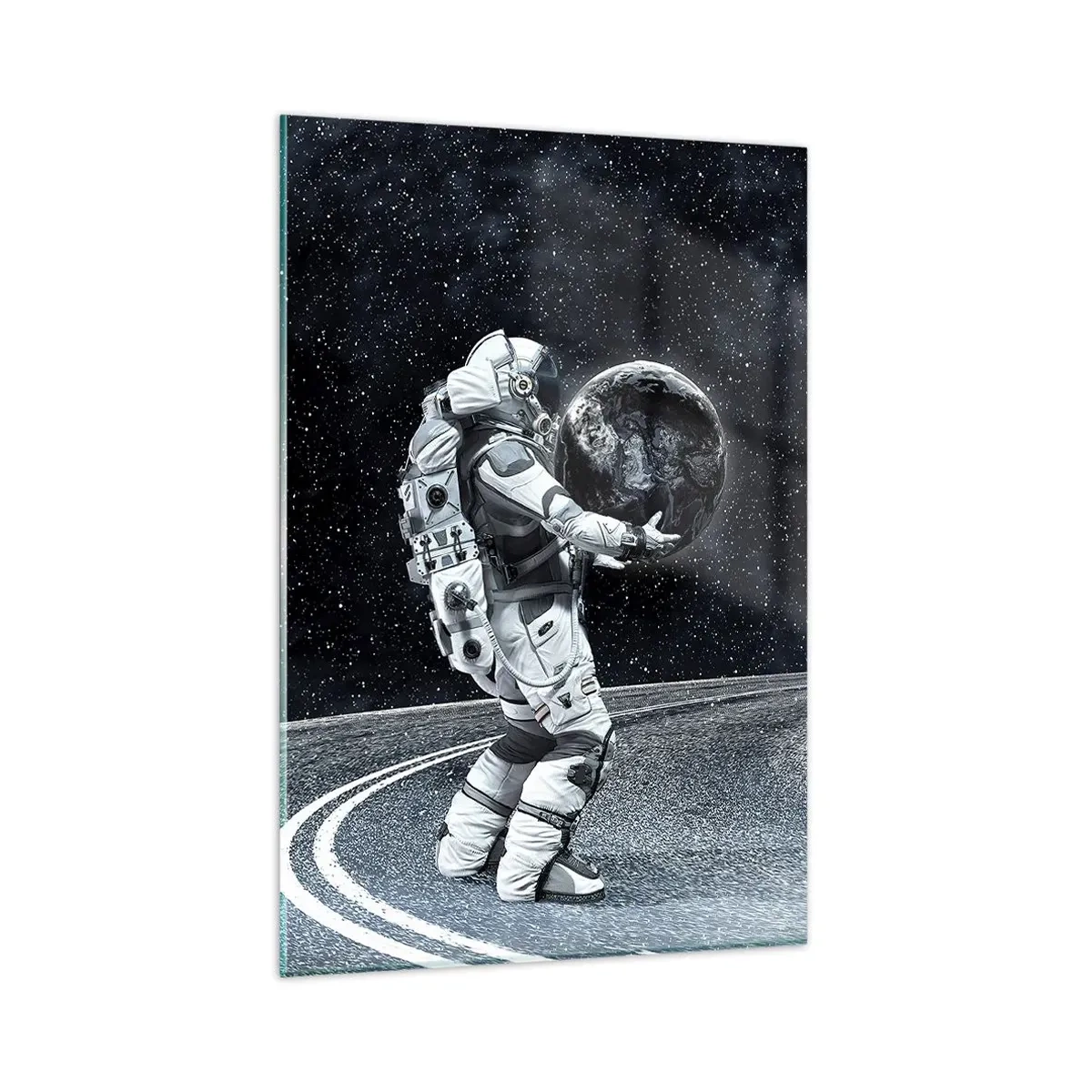 Cuadro sobre vidrio - Impresiones sobre Vidrio - Astronauta con la Tierra contra el cielo estrellado - 80x120cm - En la Vía Láctea - Decoración de pared moderna para salón y dormitorio ARTTOR