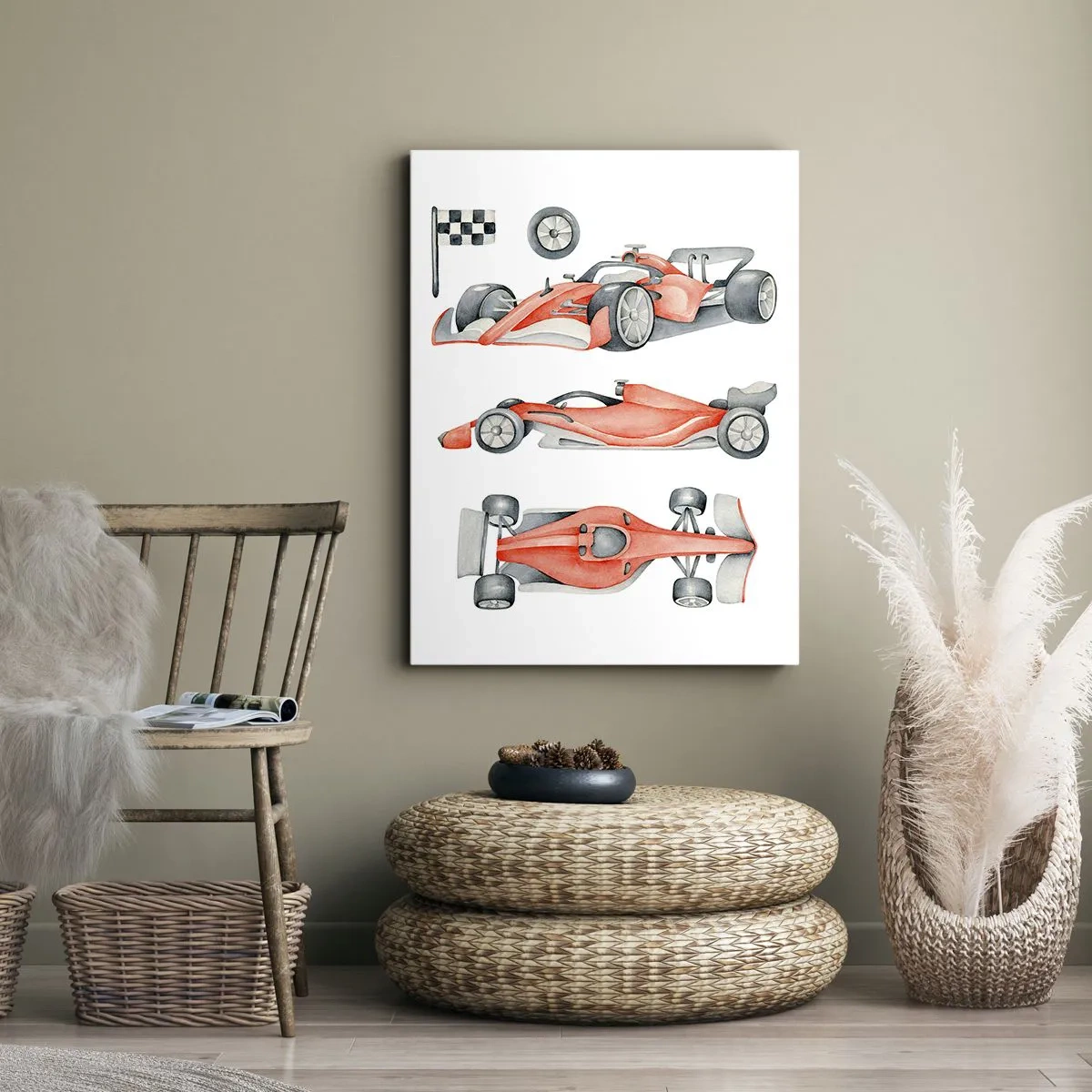 Cuadro sobre lienzo - Impresión de Imagen - Un coche de carreras rojo con una bandera a cuadros. - 50x70cm - Para alcanzar un sueño - Decoración de pared moderna para salón y dormitorio ARTTOR