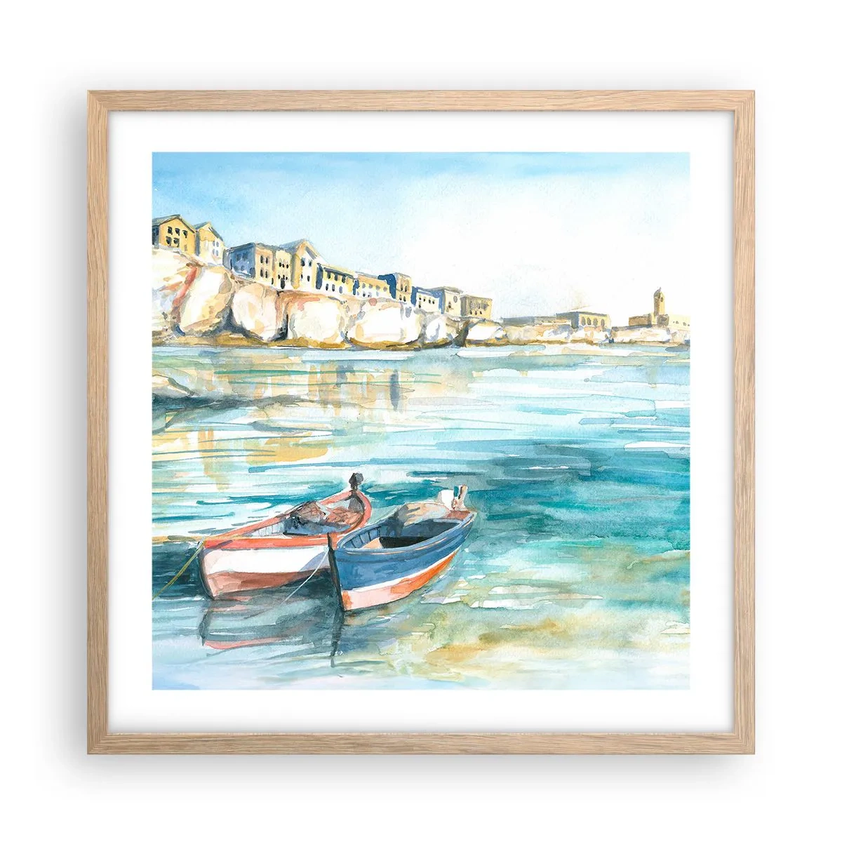 Póster en marco roble claro - Paisaje en azul - 50x50 cm