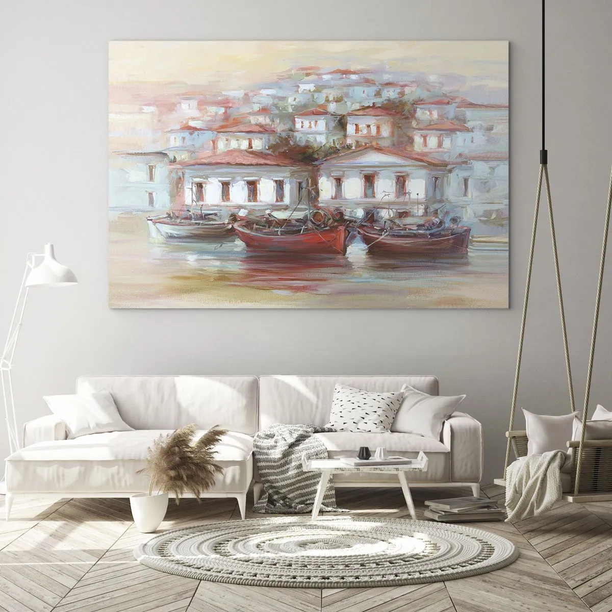 Cuadro sobre vidrio - Impresiones sobre Vidrio - Un pueblo pintoresco con barcos en el puerto al atardecer. - 100x70cm - Ciudad feliz - Decoración de pared moderna para salón y dormitorio ARTTOR