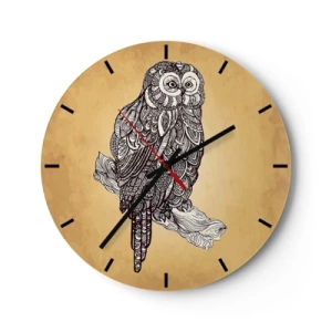 Reloj de pared - Reloj de vidrio - Un búho artístico sobre un fondo beige con un patrón intrincado. - 30x30cm - Intrincados ornamentos de sabiduría - Decoración de pared moderna para salón, cocina y dormitorio ARTTOR