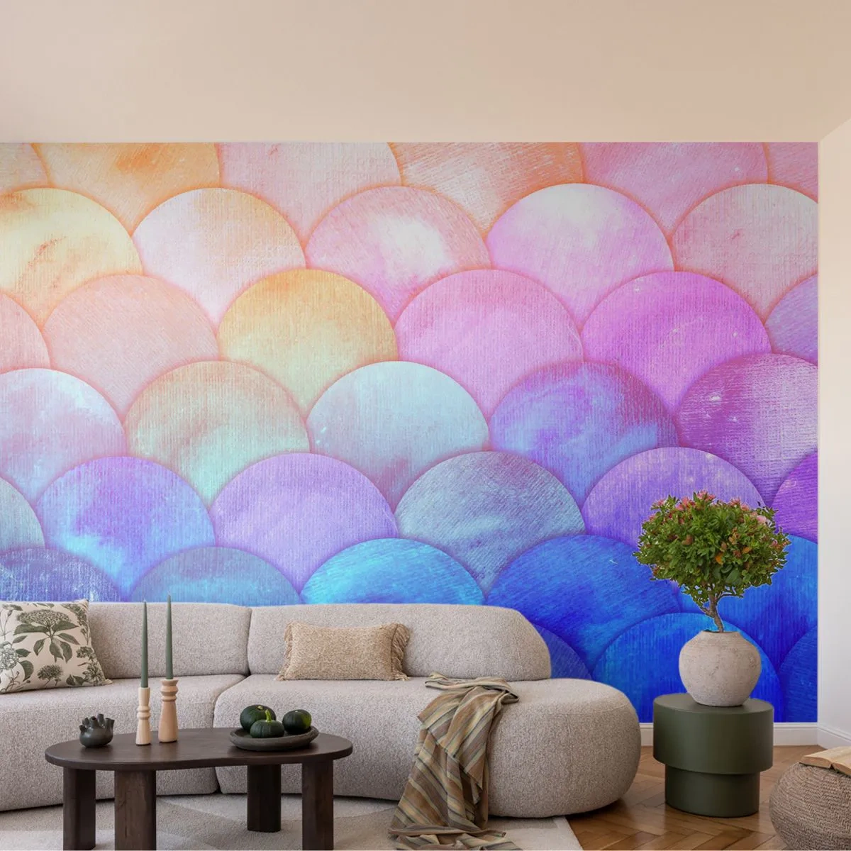 Fotomural Premium Sand - Escamas de colores pastel con acabado perlado. - 100x70cm - Concha de perla - Decoración de pared moderna para salón y dormitorio ARTTOR