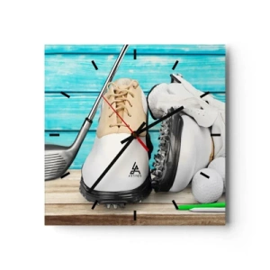 Reloj de pared - Reloj de vidrio - Un conjunto de accesorios de golf sobre un fondo de madera. - 30x30cm - Todo listo - Decoración de pared moderna para salón y dormitorio ARTTOR