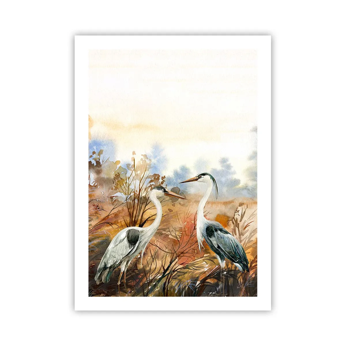 Póster - Grúas sobre el fondo de un paisaje otoñal en acuarela. - 50x70cm - ¿A dónde nos dirigimos en otoño? - Decoración de pared moderna para salón y dormitorio ARTTOR