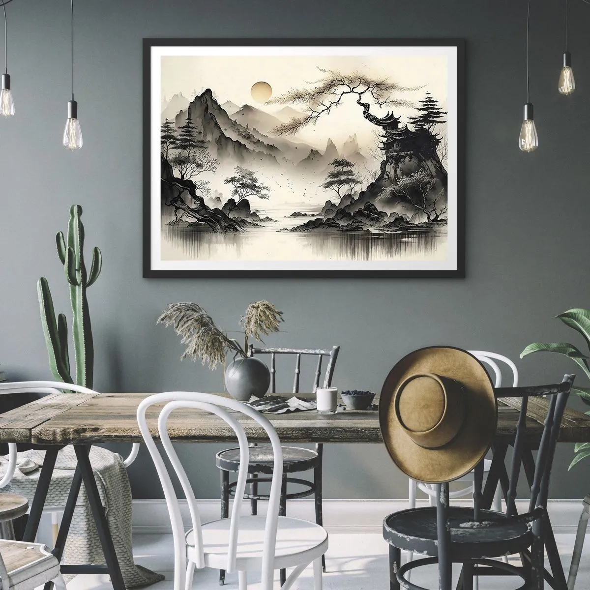 Póster en marco negro - Un paisaje oriental con montañas y una pagoda en tonos delicados. - 100x70cm - El encanto único de Oriente - Decoración de pared moderna para salón y dormitorio ARTTOR