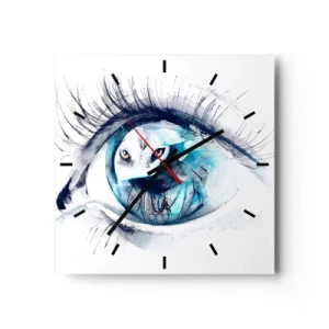 Reloj de pared - Reloj de vidrio - Un ojo con la imagen de un búho en tonos de acuarela azul. - 30x30cm - Ojo con la naturaleza - Decoración de pared moderna para salón y dormitorio ARTTOR