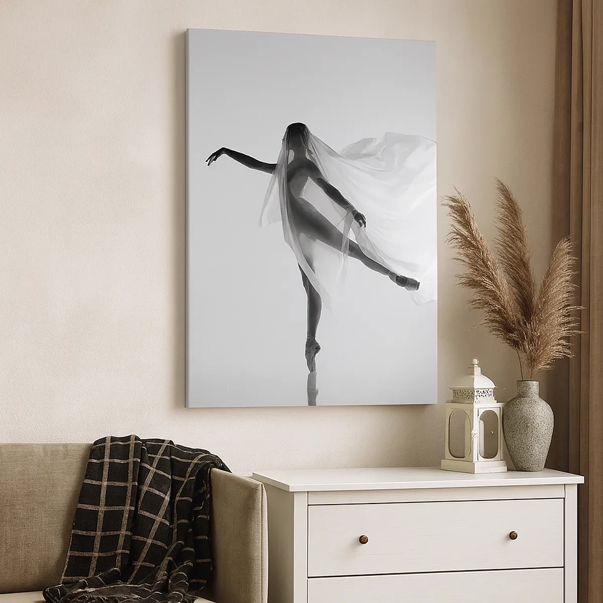 Cuadro sobre lienzo - Impresión de Imagen - Una bailarina en una pose etérea con tela fluida. - 50x70cm - Ligereza y gracia - Decoración de pared moderna para salón y dormitorio ARTTOR