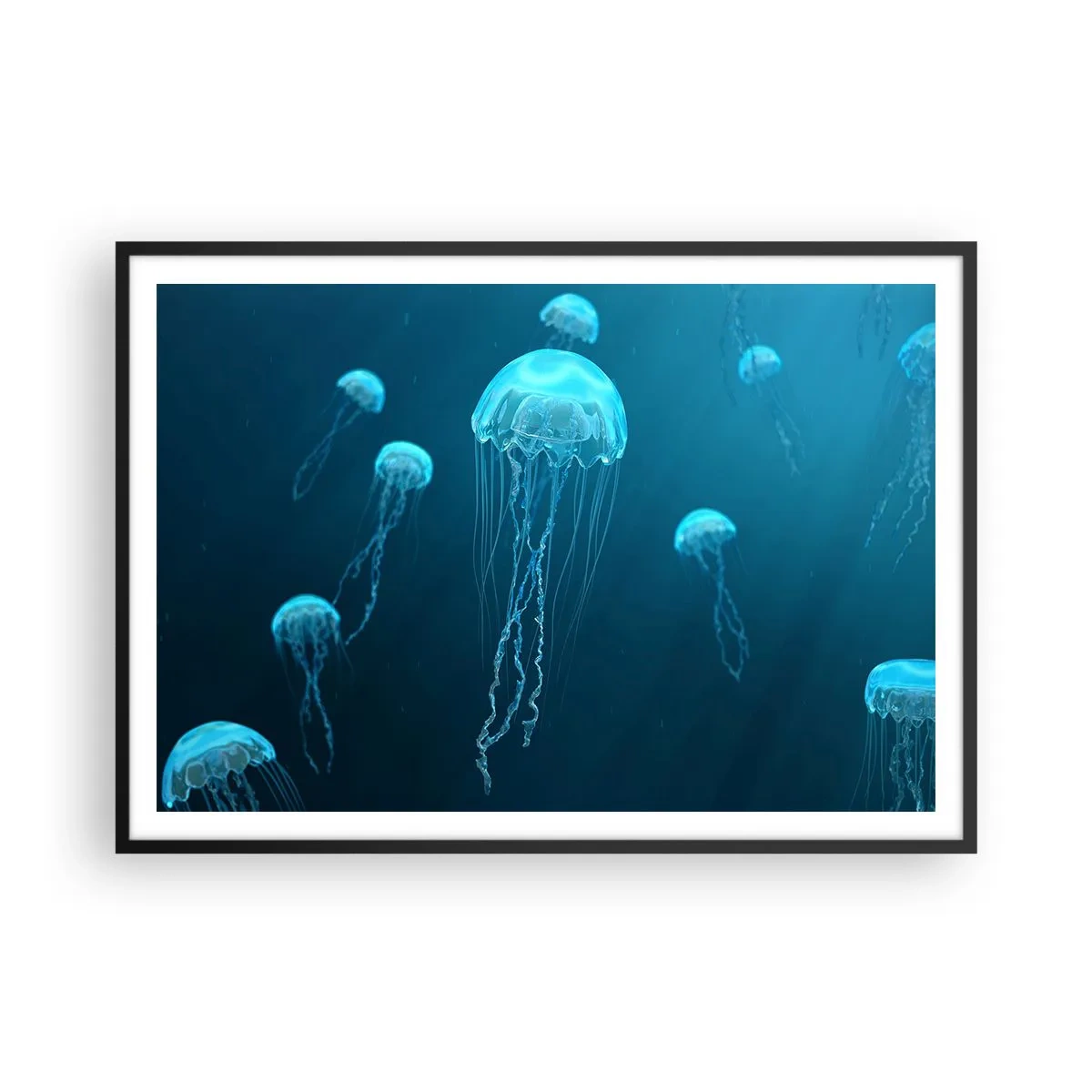 Póster en marco negro - Medusas flotando en las profundidades del océano en tonos azules. - 100x70cm - Danza oceánica - Decoración de pared moderna para salón y dormitorio ARTTOR