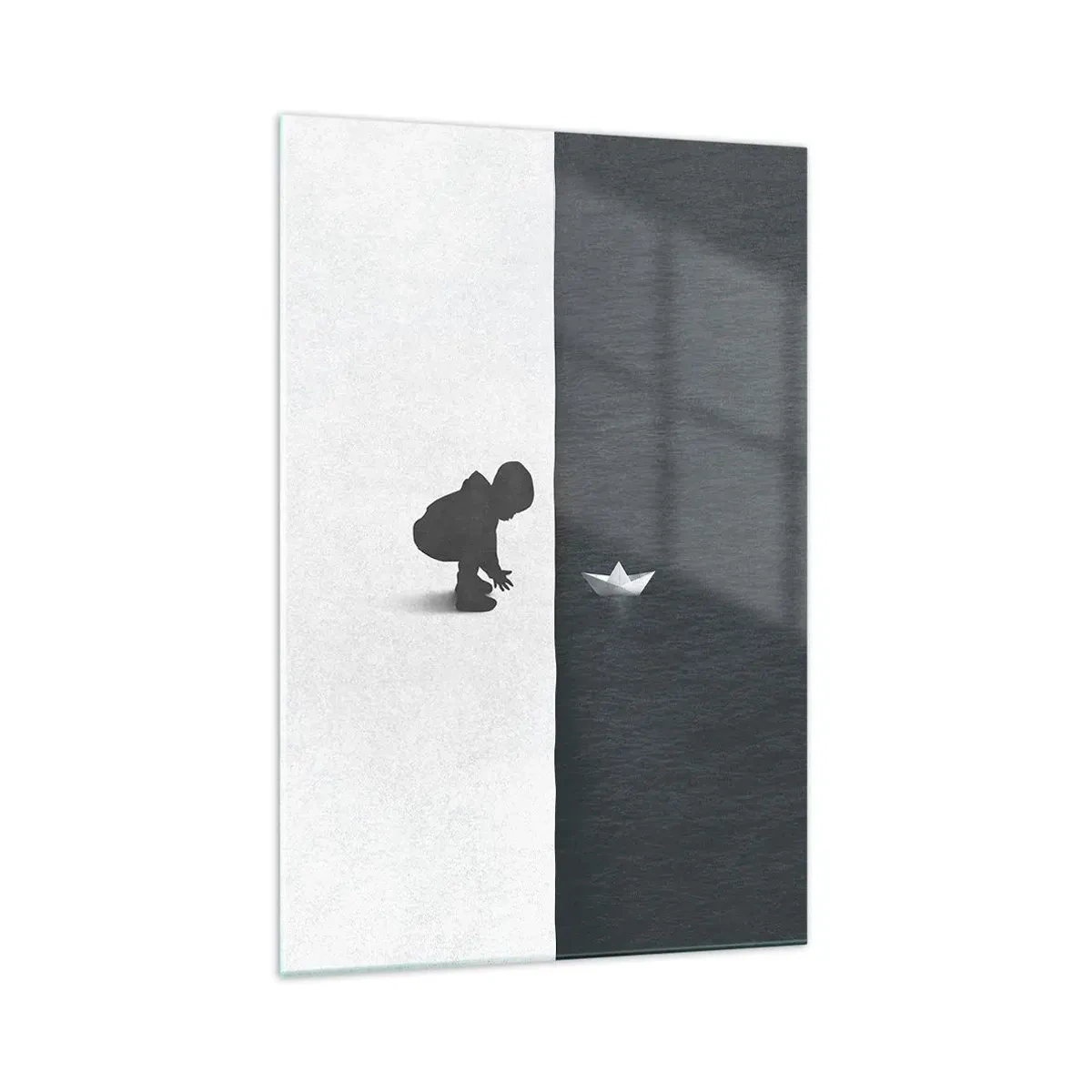 Cuadro sobre vidrio - Impresiones sobre Vidrio - Figura de un niño con un barquito de papel sobre un fondo de mitades contrastantes. - 70x100cm - Una gran expedición náutica - Decoración de pared moderna para salón y dormitorio ARTTOR
