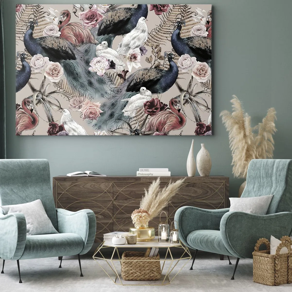 Cuadro sobre lienzo - Impresión de Imagen - Un paisaje con plumas de pavo real, rosas y pájaros en estilo romántico. - 70x50cm - En un jardín de palacio - Decoración de pared moderna para salón y dormitorio ARTTOR