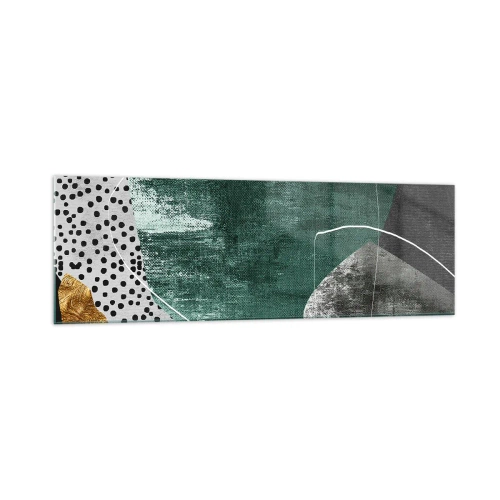 Cuadro sobre vidrio - Impresiones sobre Vidrio - Composición abstracta con formas verdes y patrones de puntos. - 160x50cm - Abstracción colorista con un copo de oro - Decoración de pared moderna para salón y dormitorio ARTTOR