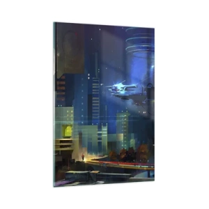 Cuadro sobre vidrio - Impresiones sobre Vidrio - Ciudad futurista de noche con luces de neón y un vehículo volador. - 80x120cm - En un futuro próximo - Decoración de pared moderna para salón y dormitorio ARTTOR