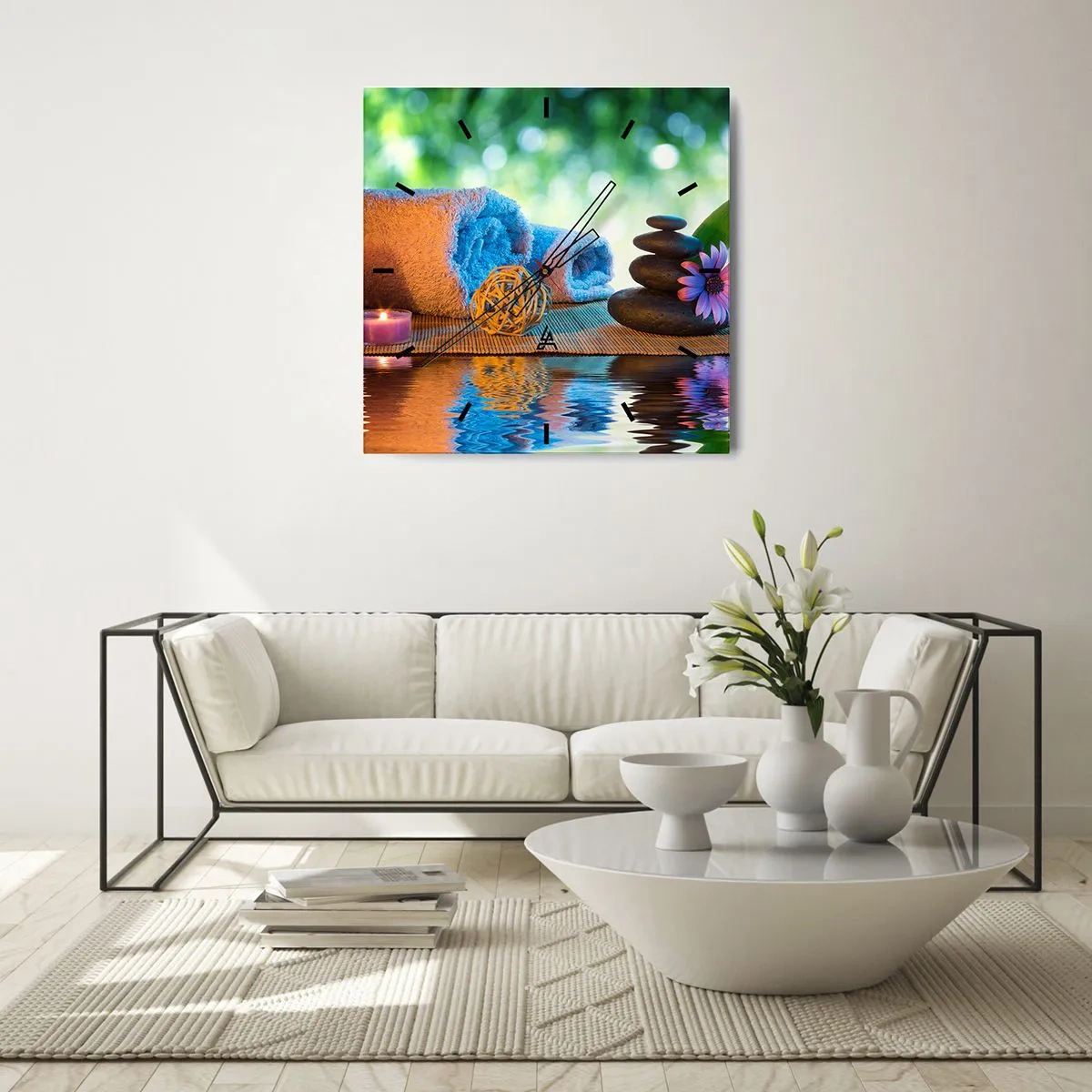 Reloj de pared - Reloj de vidrio - Set de SPA relajante con toallas, velas y piedras - 30x30cm - Tiempo para el cuerpo - Decoración de pared moderna para salón y dormitorio ARTTOR