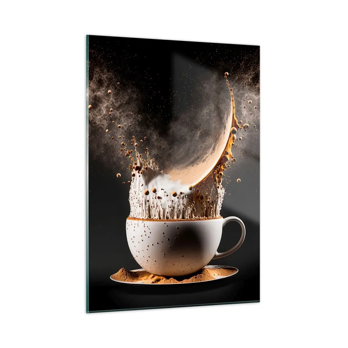 Cuadro sobre vidrio - Impresiones sobre Vidrio - Salpicaduras de café con leche en una toma dinámica. - 50x70cm - Una explosión de sabor - Decoración de pared moderna para salón y dormitorio ARTTOR