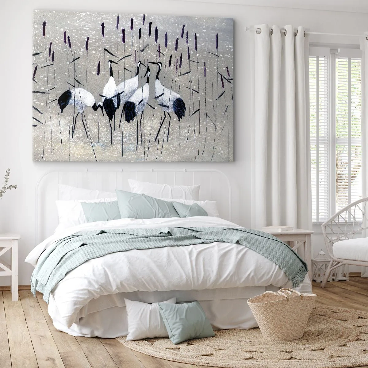 Cuadro sobre lienzo - Impresión de Imagen - Garzas en la hierba contra un fondo tranquilo - 120x80cm - Entre los suyos - Decoración de pared moderna para salón y dormitorio ARTTOR