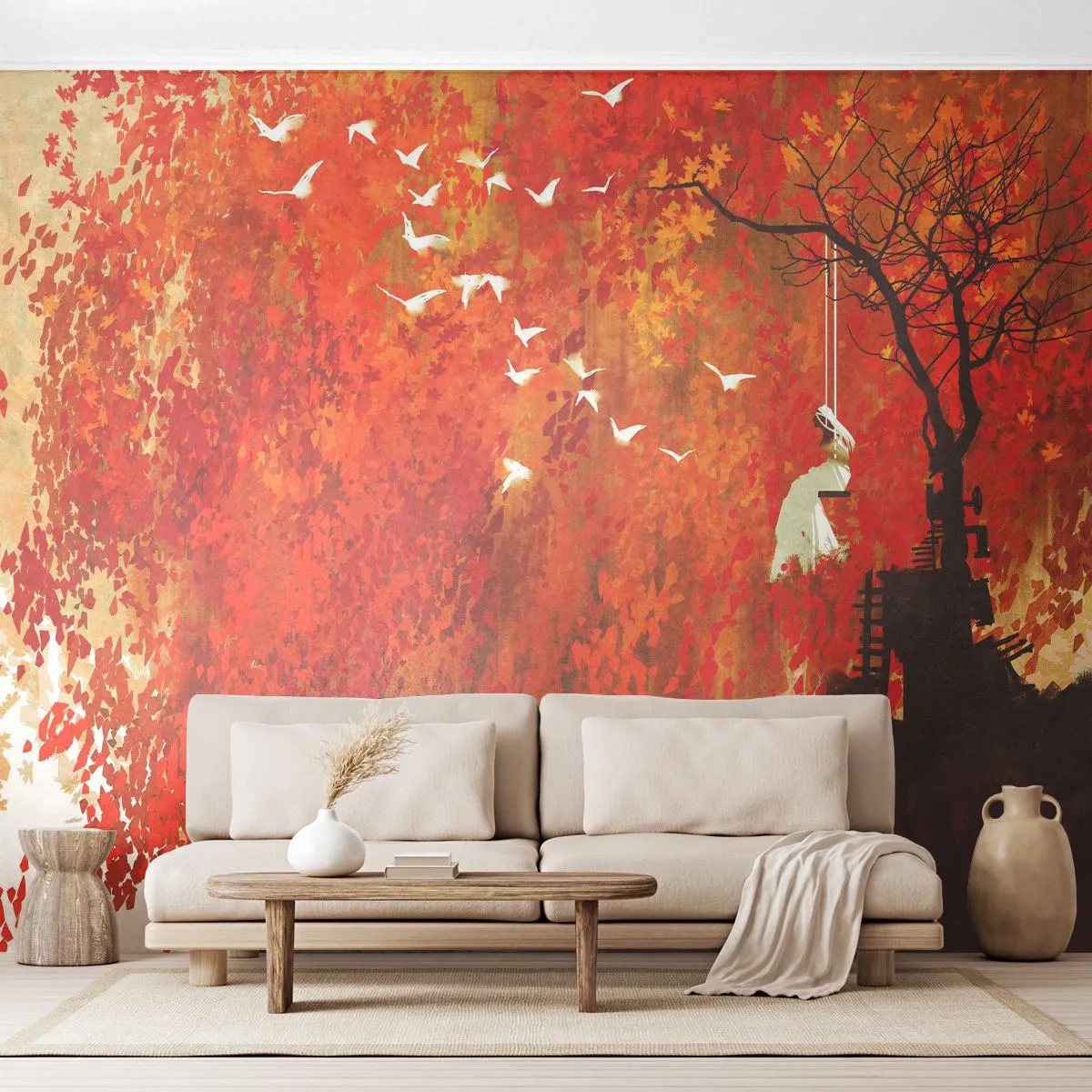 Fotomural Premium Canvas - ¿Volará con ellos? - Abstracción, Mujer, Aves - 350x256 cm